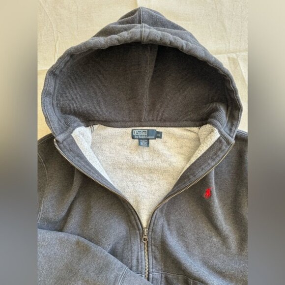Vintage Polo Ralph Lauren Zip Up Hoodie Gray Waffle Jacket Size XL Red Pony Logo - Picture 6 of 10